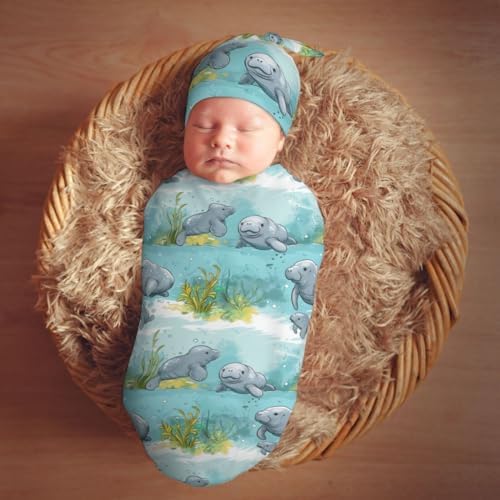 Muishi Ocean Florida Manatee Swaddle Blanket Hat Set