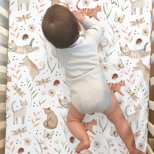 Cute Cat Boho Floral Crib Sheets 28x52 Inches 2 Pack