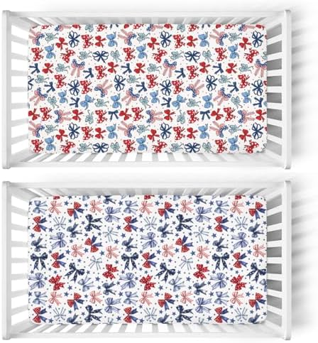 Patriotic Bows Stars Crib Sheets for Boy Girl 52x28 Inch 2 Pack