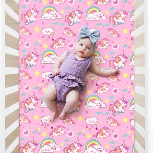 JISEN Fitted Crib Sheet 52x28 Inch Pink Unicorns
