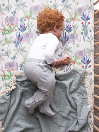 TILLYOU Muslin Crib Sheets 2 Pack Neutral Soft Cotton Rainforest Elephant Grey