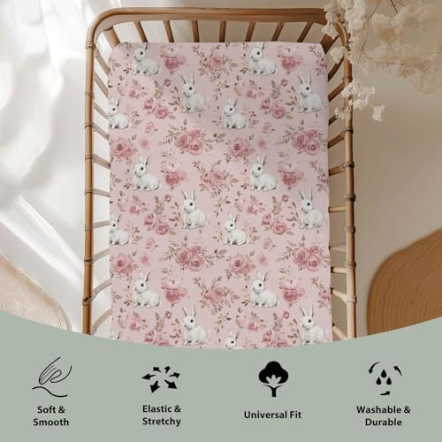 Spring Bunnies Pink Roses Baby Crib Sheets 52x28Inch