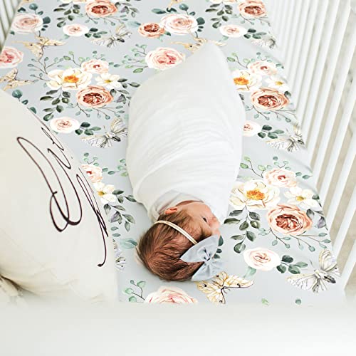 GRSSDER Stretchy Crib Sheets 2 Pack Flora Print Ultra Soft and Safe