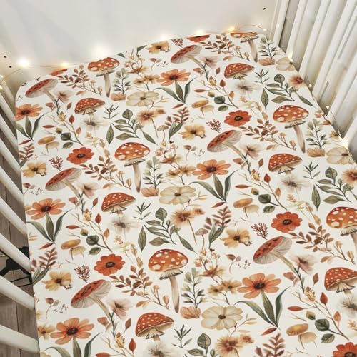 Boho Mushroom Floral Baby Crib Sheets 28x52 Inch