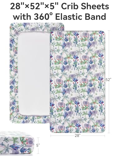 TILLYOU Muslin Crib Sheets 2 Pack Neutral Soft Cotton Rainforest Elephant Grey
