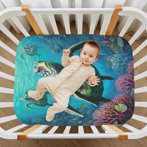 Jihqo Underwater Sea Turtle Crib Sheets for Baby 52 x 28